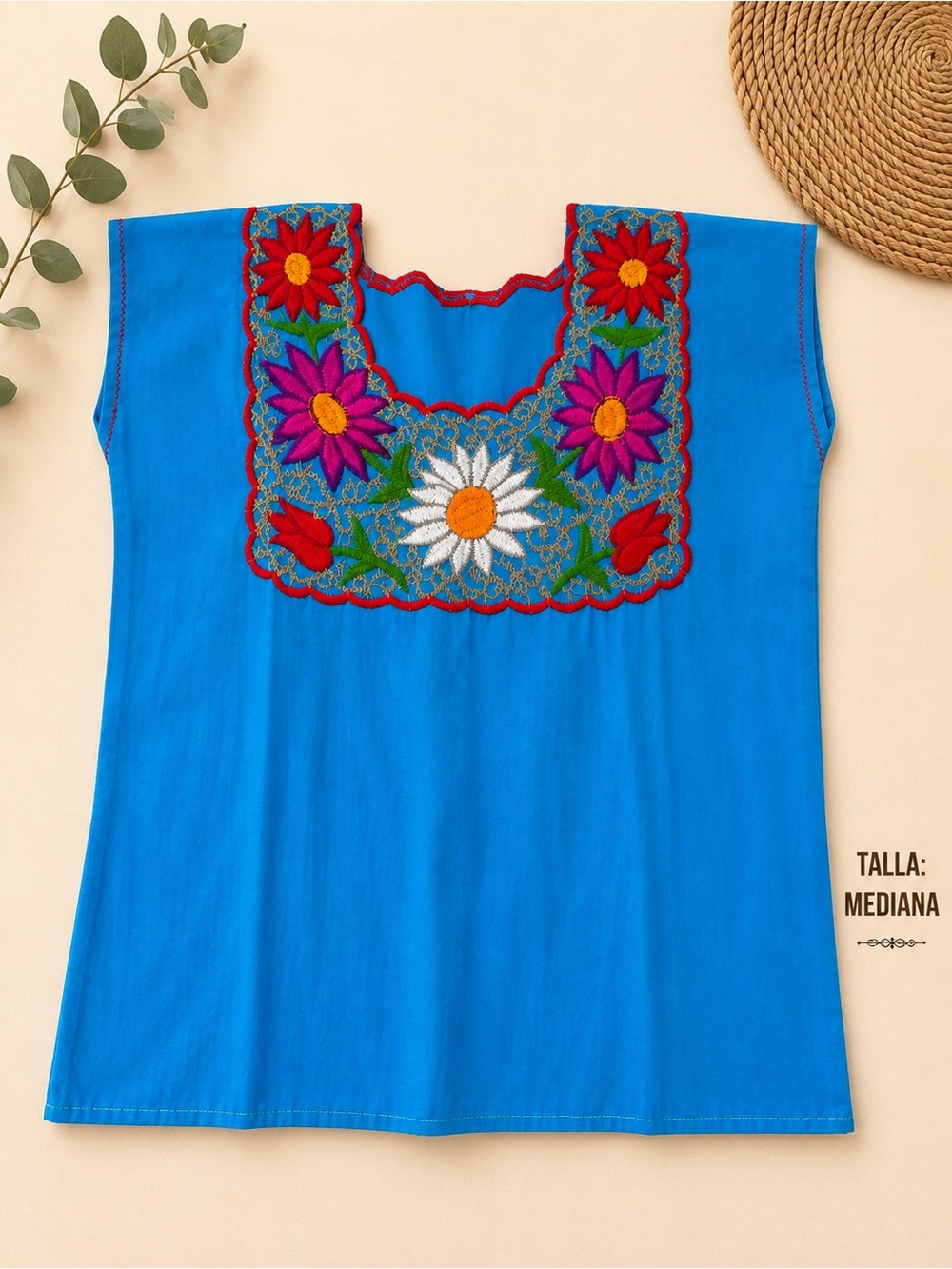 MEXICANA Bright Blue Embroidered Floral Tunic